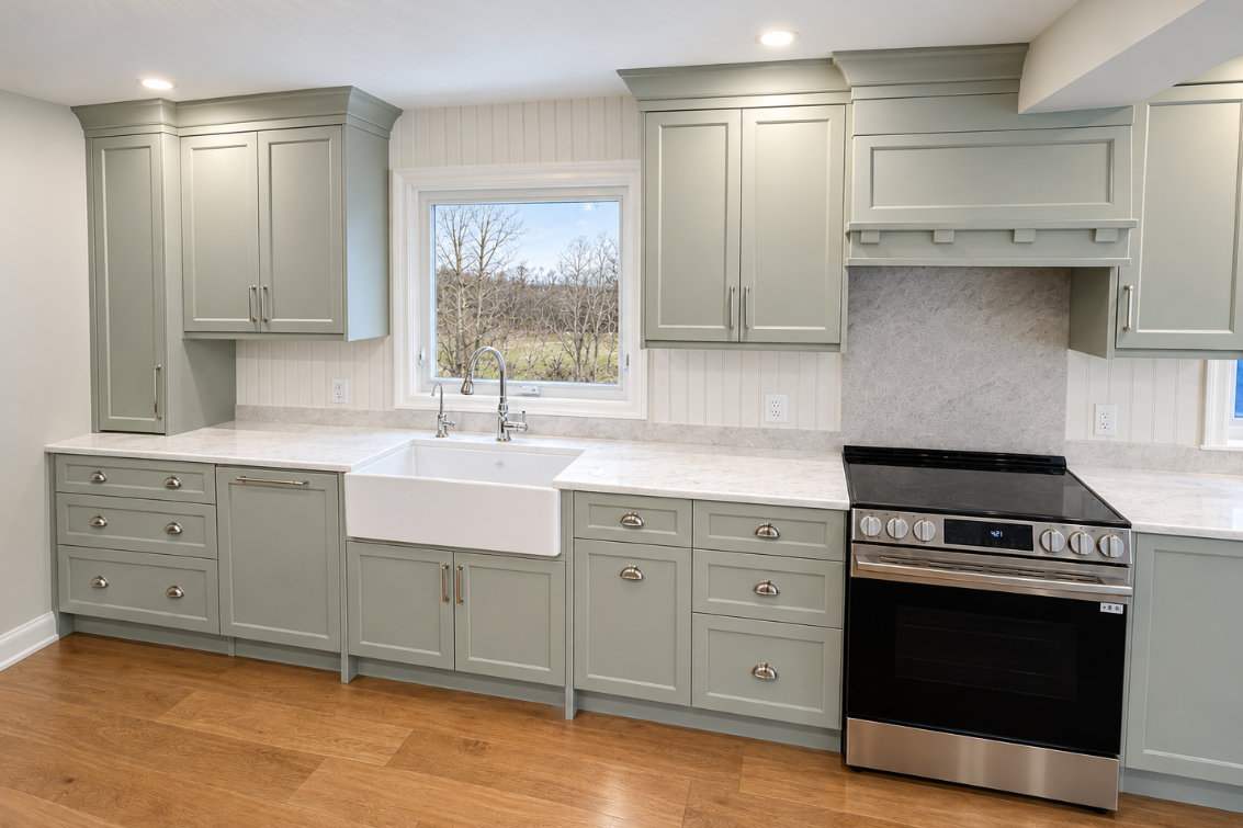 CubitKitchens green cabinets and window